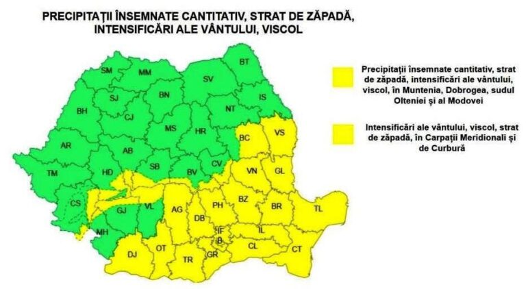 Sudul țării, sub asediul iernii: ninsori abundente, viscol și rafale de 70 km/h