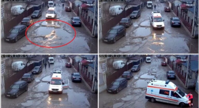 Ambulanță distrusă în plină misiune, pe un drum plin de gropi
