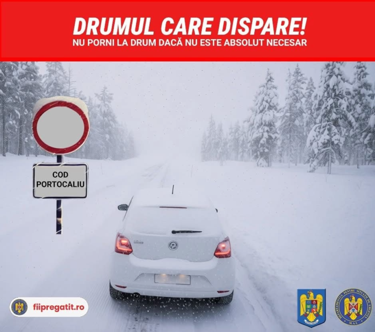 Avertisment ferm din partea autorităților. Populația este sfătuită să evite deplasările în timpul Codului Portocaliu de viscol și ninsori