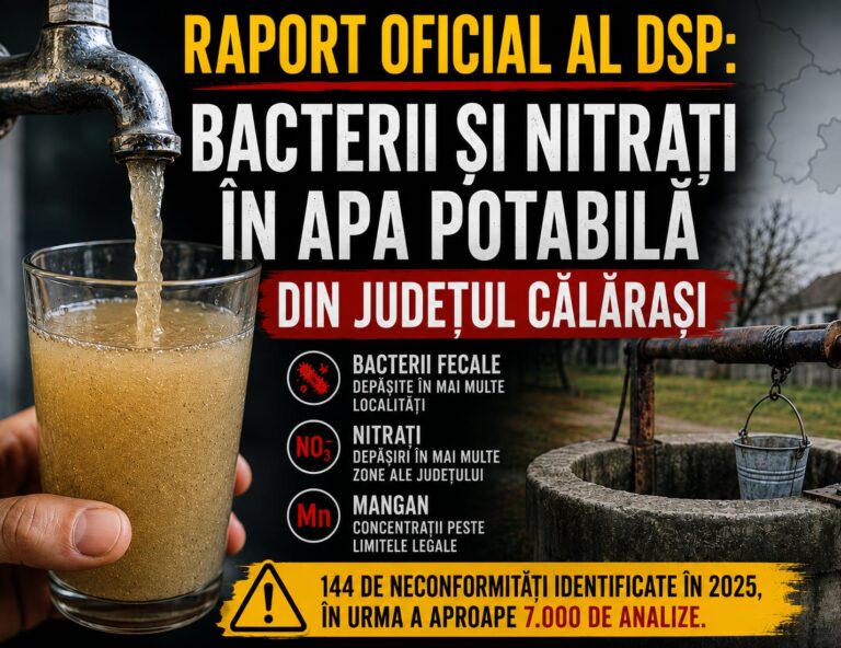 Apa pe care o beau zilnic mii de călărășeni, sub semnul întrebării. Raport DSP: bacterii fecale și nitrați peste limită în zeci de localități